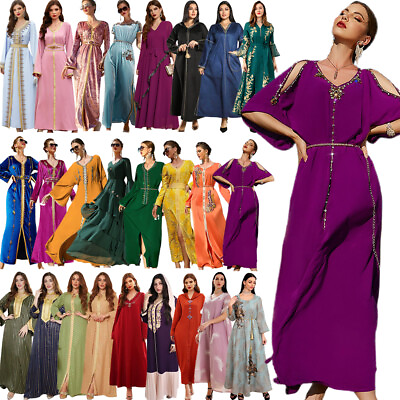 #ad Muslim Women Long Dress Dubai Abaya Islamic Kaftan Arab Robe Caftan Ramadan Gown $36.13