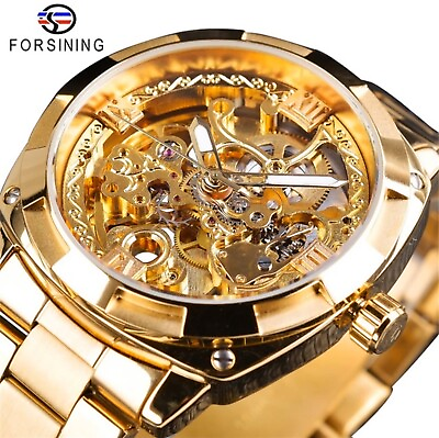 #ad Forsining Mens Skeleton Mechanical Waterproof Luxury Watch Gold Gift Idea $47.00
