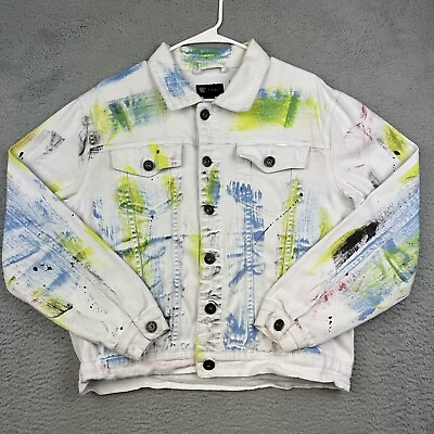 #ad Waimea Denim Jacket Mens Small White Painted Distressed Button Hipster Grunge $18.95