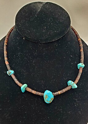 #ad Vintage Handcrafted Turquoise amp; Heishi Shell Necklace 16” Sterling Bead Clasp $34.00