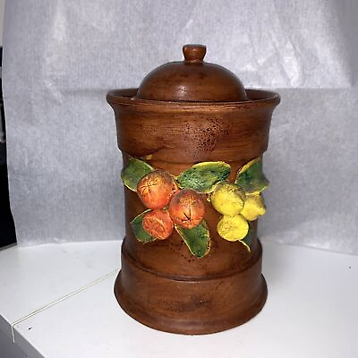 #ad Vintage Pottery Cookie Jar With Lid Hand Painted 3D fruits vintage style $44.99