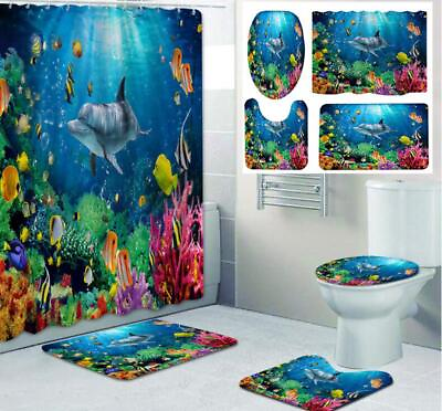 #ad Dolphin Shoal of Fish Sea World Waterproof Shower Curtain Toilet Cover Set Rug $21.98