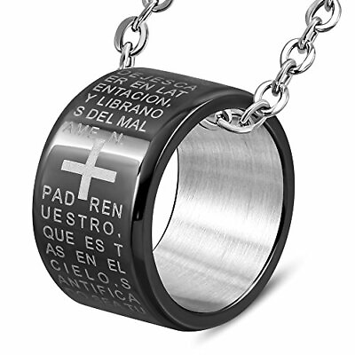 #ad Stainless Steel Blue Padre Nuestro Prayer Spanish Ring Pendant Necklace $19.99