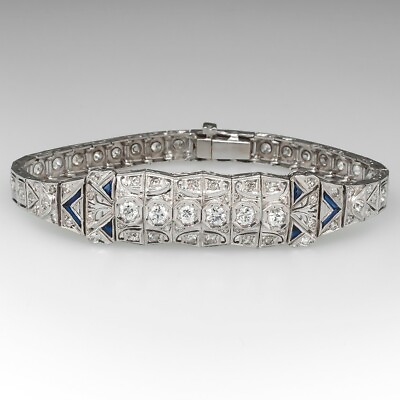 #ad 925 SS Women#x27;s Magnificent Art Deco Style Old European CZ amp; Sapphire Bracelet $644.00