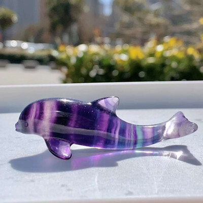 #ad 1pc Natural Carved Rainbow Fluorite Quartz Crystal Dolphin Reiki Healing 65mm $23.75