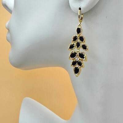 #ad 14k Gold Plated Chandelier Cascade Black Crystals Earrings Elegant Oro Laminado $14.00