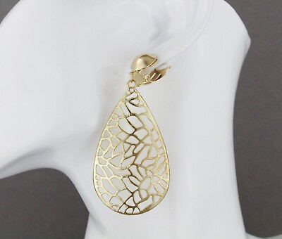 #ad Clip on earrings Gold teardrop filigree oval cutout pattern pendant 3quot; long $12.99