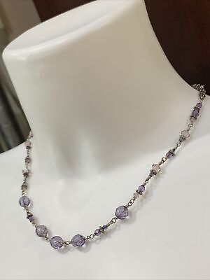#ad 925 STERLING LONG WIRE LINK 925 AMETHYST CRYSTAL BEAD STATION NECKLACE $59.49