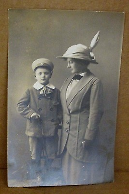#ad RPPC MOTHER BOY SON CANE MILITARY HAT SUIT DRESS Photo POSTCARD vintage antique $18.75