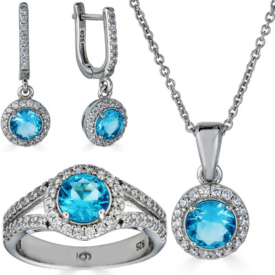 #ad 925 Silver Blue Aquamarine CZ Ring Pendant Necklace Earrings Jewelry Set $52.18