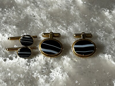 #ad Vintage rare black onyx 1 20 14 K GF Gold Cufflinks Set $50.00