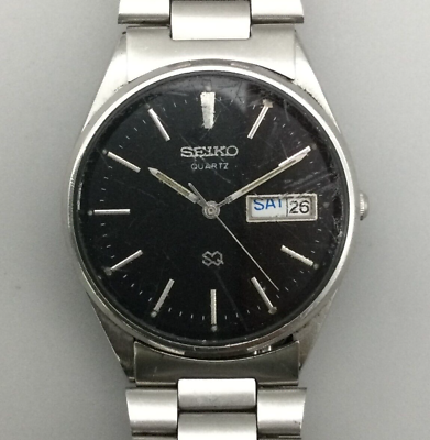 #ad Vintage Seiko SQ Watch Men 34mm Silver Tone Black Dial Day Date 7.25quot; $35.99