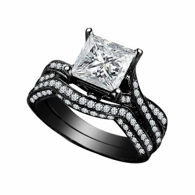 #ad 2.38 ct White Princess Diamond Bridal Set 925 Black Silver Ring Lab Created # $175.00