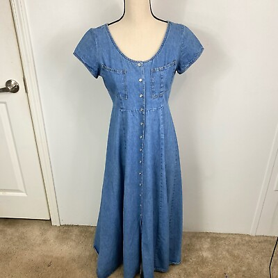#ad Vintage Women’s Denim Jean Cap Sleeve Pearl Snap Midi Dress Sz XS $39.95