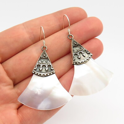 #ad 925 Sterling Silver Mother of Pearl Ornate Design Dangling Earrings $38.99