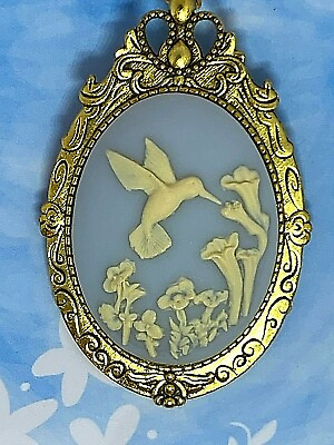 #ad Hummingbird White Blue Cameo Gold Pendant Necklace Brooch Mom Sister Gift EASTER $17.10
