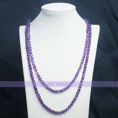 #ad Natural 6mm Round Amethyst Bead Necklace 46 inch long Knitted Chain $17.99