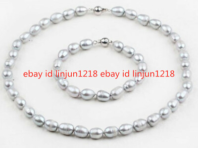 #ad 7 8mm Grey Natural Freshwater Rice Pearls Necklace Bracelet Earrings Set 18 7.5 $17.47