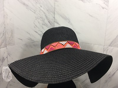 #ad Womens Time N Tru Fashion Straw Hat w Colorful Aztec Band BLACK * NEW * $7.49