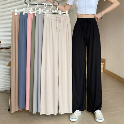 #ad LADIES WOMENS PLAIN TROUSERS BAGGY LOOSE WIDE LEG FLARED RIBBED PANTS BOTTOMS US $11.99