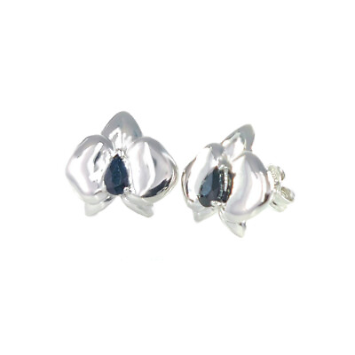 #ad Natural Sapphire Earrings Sterling Silver Ink Blue Gemstone Orchid Stud Handmade GBP 59.95