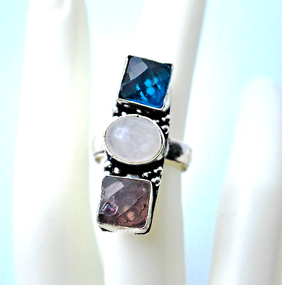 #ad HANDMADE 925 Silver Gemstones Ring size 7 $34.00