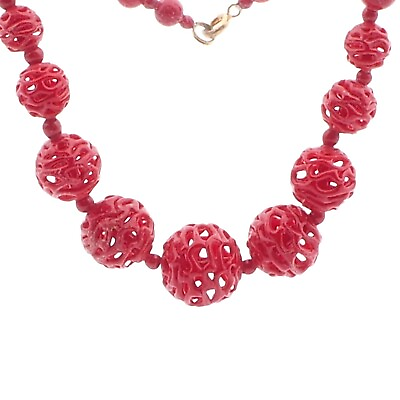 #ad Vintage Deco Czech necklace lampwork hollow hand spun lattice red glass beads $45.00
