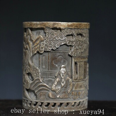 #ad 5.1#x27;#x27; Chinese Ancient Bronze Silver Character Stories Brush Pot Pencil Vase $430.00
