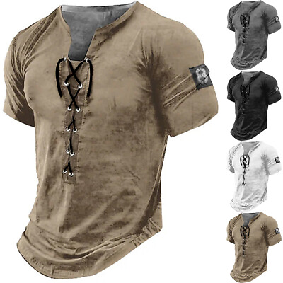 #ad Mens Lace Up V Neck Muscle Slim Fit T Shirt Short Sleeve Gym Sport Fitness Tops $18.21