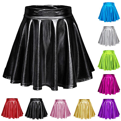 #ad Women#x27;s Casual Fashion Shiny Metallic Flared Pleated A Line Mini Skirt $10.99
