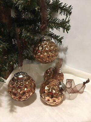 #ad SLEIGH HILL Glass Mercury GOLD Copper CHRISTMAS Ornaments Hammered Set of 4 $20.50
