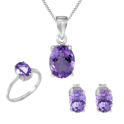 #ad 4 1 5 Ct Oval Amethyst Ring Earrings Pendant Necklace Set 925 Sterling Silver $293.09