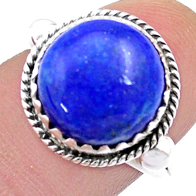 #ad 925 Silver 5.95cts Solitaire Natural Blue Lapis Lazuli Round Ring Size 8 U51463 $11.21
