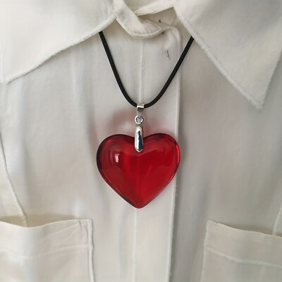 #ad Red Heart Necklace Big Red Glass Heart Pendant Black Leather Rope Neck Jewelry C $3.81