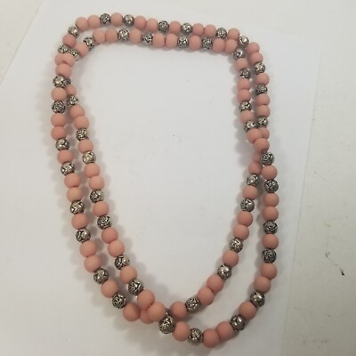 #ad Vintage Extra Long Single Strand Necklace Rose Bead Pink Metal 46quot; $17.99