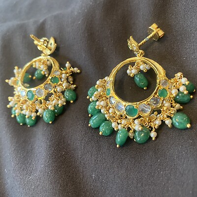 #ad 18k on4k Emerald Jade Statement Earrings Dangler Chandelier Real 750 Gold $249.99