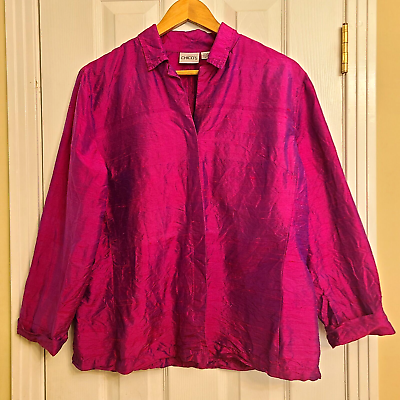 #ad Chicos 2 Silk Button Up Cuffed Sleeve Top Magenta Shimmer Textured Size L $18.00