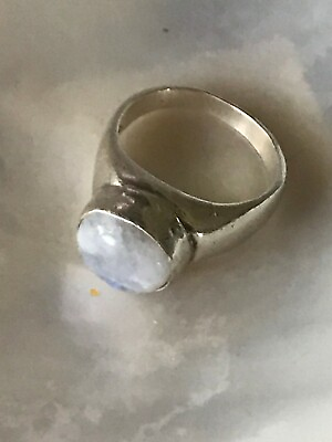 #ad Estate 925 Marked Tapered Silver Band w Oval White Swirly Stone Ring Size 7.25 – $36.07