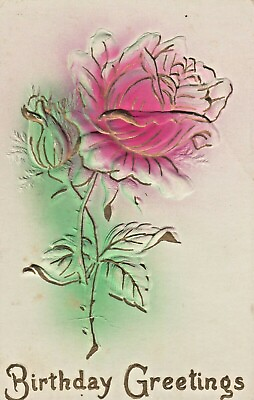#ad Vintage Birthday Postcard PINK ROSE GREEN STEM RAISED RELIEF POSTED $3.00