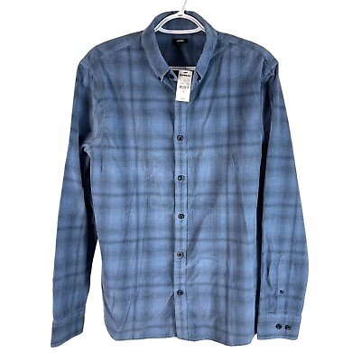 #ad NEW Express Ribbed Button Down Shirt Mens M Blue Plaid Soft Cotton L S $70 $35.00