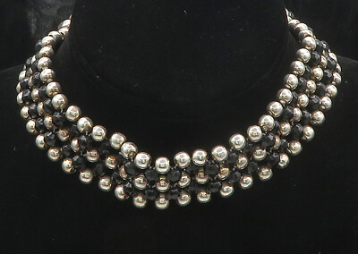 #ad MEXICO 925 Silver Vintage Heavy Black Hematite Beaded Chain Necklace NE2948 $332.19