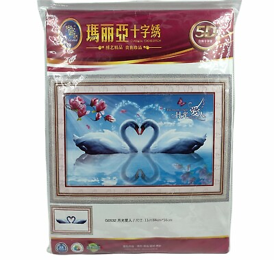 #ad Moonlight Lover Swans Heart Cherry Blossoms Maria Cross Stitch Kit 28.5quot; X 18quot; $21.87