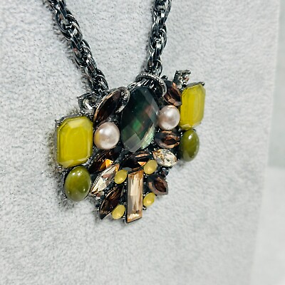 #ad Chicos Statement Necklace Green Yellow Crystal Pendant Gray 42quot; Jewelry $14.95