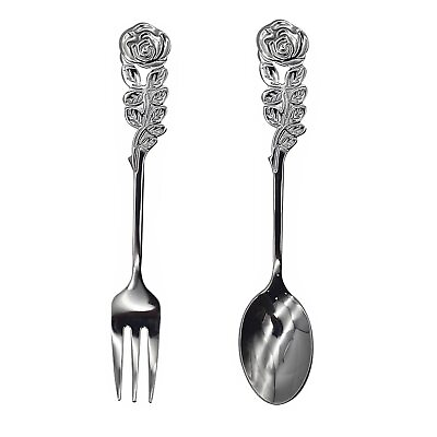 #ad 2Pcs Rose Handle Spoon Fork Set 4.72 inch 18 10304 Stainless Steel Flatware f... $13.51