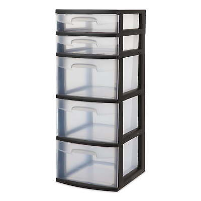 #ad Plastic 5 Drawer Tower Black with Clear Drawers Adult $26.43