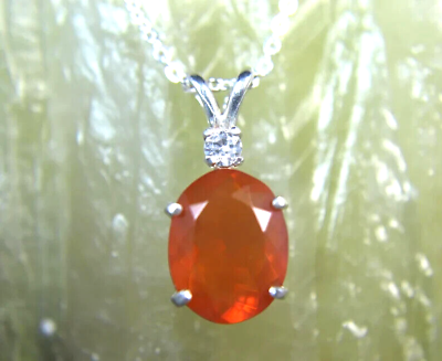 #ad MEXICAN FIRE OPAL Genuine Orange 925 Sterling Silver Necklace White Sapphire $139.90