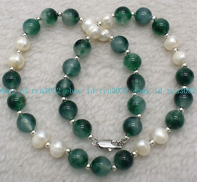 #ad Beautiful 10mm Spotted Green Jade amp; 9 10mm White Pearl Round Beads Necklace 18#x27;#x27; $7.99