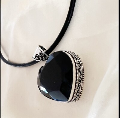 #ad 925 Sterling Silver ONYX Gemstone Heart Necklace Italian Leather Unisex Mens $55.00