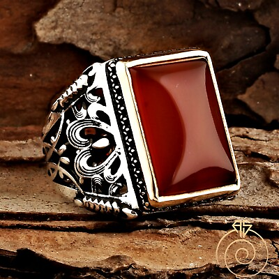 #ad Man Agate Ring Rectangle Celtic Huge Silver Aqeeq Rings For Men Gemstone Jewelry $132.30