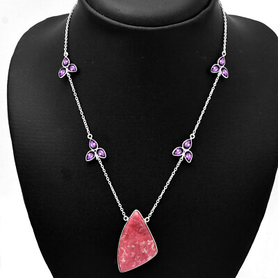 #ad Pink Thulite Norway amp; Amethyst 925 Sterling Silver Necklace Jewelry N 1004 $33.99